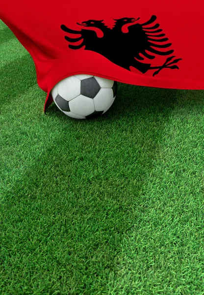 Fußball und albanische Nationalflagge, grünes Gras — Stockfoto