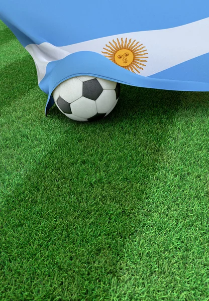 Soccer ball and national flag of Argentina,  green grass — Stock Photo, Image