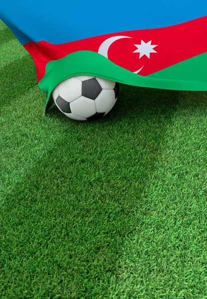 Soccer ball and national flag of Azerbaijan,  green grass — Stock Photo, Image
