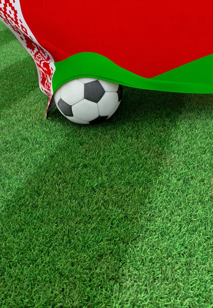 Piłki nożnej i flagi narodowej Białorusi, Zielona trawa — Zdjęcie stockowe