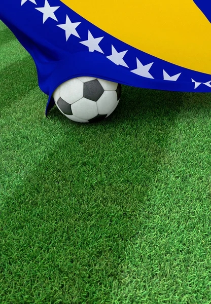 Fußball und Nationalflagge von Bosnien und Herzegowina, grünes Gras — Stockfoto