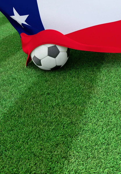 Soccer ball and national flag of Chile,  green grass — Stock Photo, Image