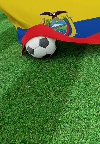 Футбольный мяч и национальный флаг Эквадора, зеленая трава — стоковое фото