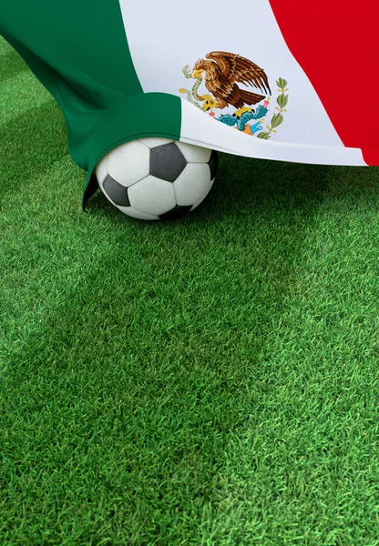 Soccer ball and national flag of Mexico,  green grass — Stock Photo, Image