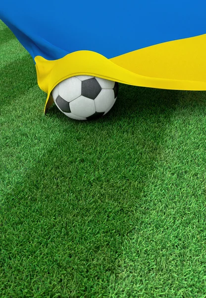 Futbol topu ve Ukrayna, yeşil çim ulusal bayrak — Stok fotoğraf