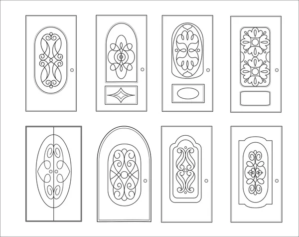 Klasik iç ve açık ahşap kapılar - tasarımınız için basit vektör. Beyaz izole Icon set 