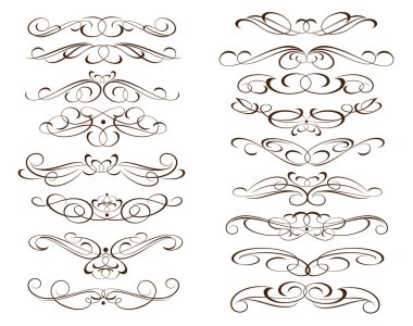 Tasarım kaligrafi öğeleri. Dekoratif elemanlar ve kaligrafi iş parçası üzerinde izole beyaz ayarlayın. Retro tasarım ve dekorasyon için. Vektör çizim. Kahverengi beyaz. Vektör çizim.