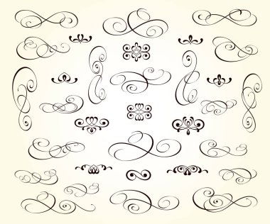 Tasarım için kaligrafik dekoratif elementler dizisi izole, düzenlenebilir. Vignettler, dekoratif, bölücüler.