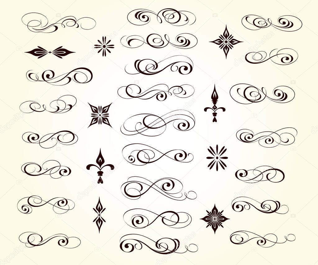 Set of calligraphic decorative elements for design isolated, editable.Vignettes, ornate,dividers.