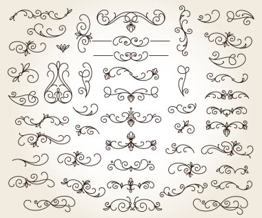 Çiçeksel dekoratif elementler seti. Doğrusal tasarım..