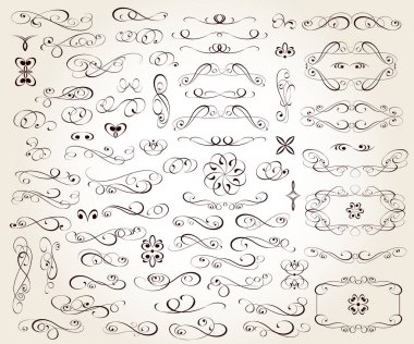 Tasarım için dekoratif öğeler kümesi izole, düzenlenebilir. Vignettler, dekoratif, çerçeveler, bölücüler.