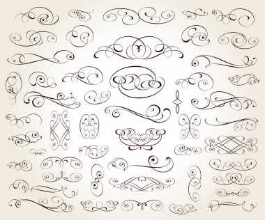 Kaligrafik dekoratif elementler kümesi. Vignettler, süslemeler, çerçeveler, sınırlar, ayırıcılar.
