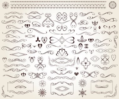 Tasarım için düzenlenebilir çiçek dekoratif elementler. Vignettler, süslemeler, köşeler, sınırlar, bölücüler.