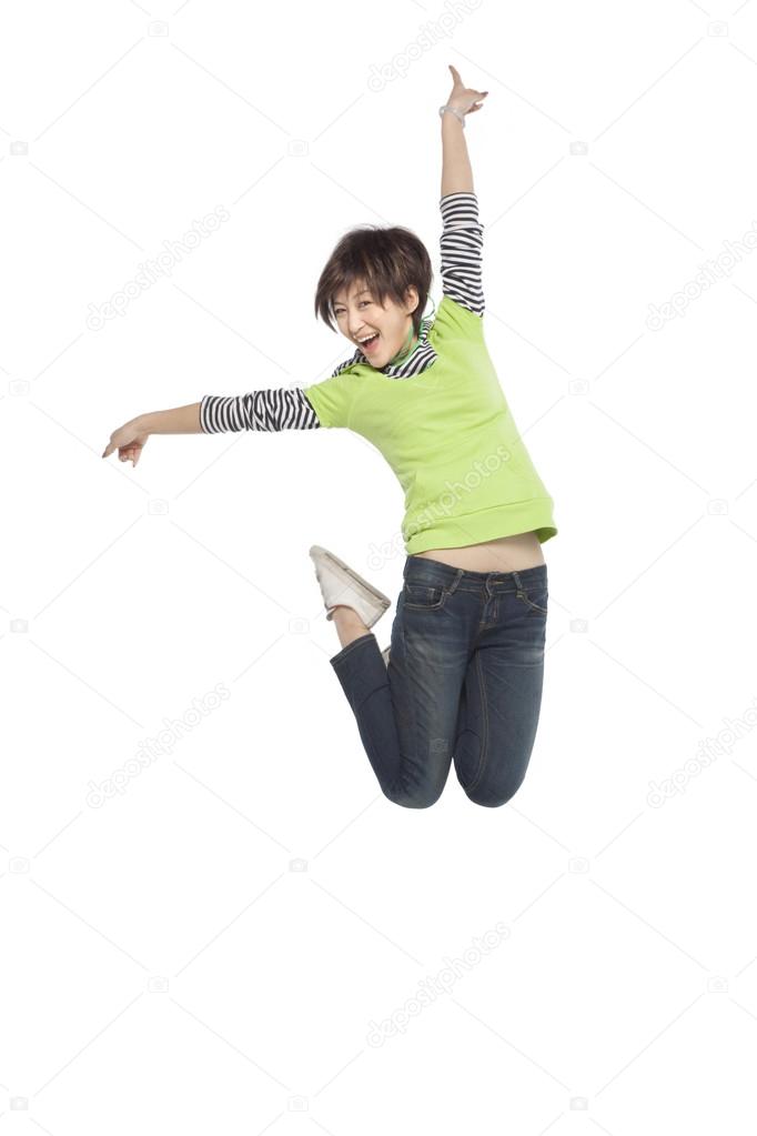 An excited woman jumping