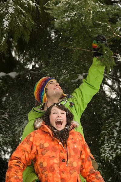 Jong koppel onder besneeuwde boom — Stockfoto