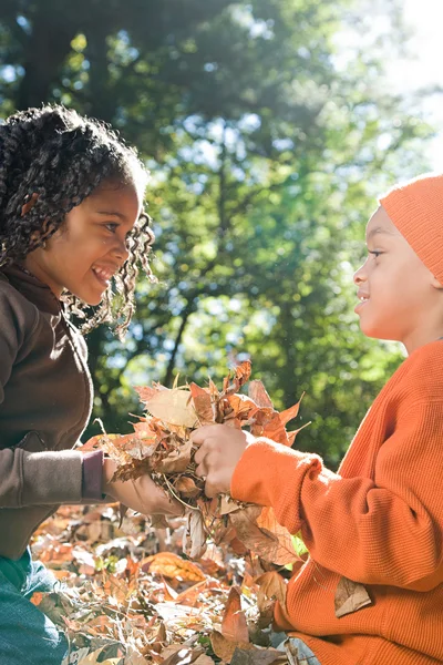 Kinder mit Blättern — Stockfoto