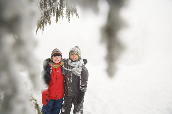 Pojkar i den snöiga skogen — Stockfoto