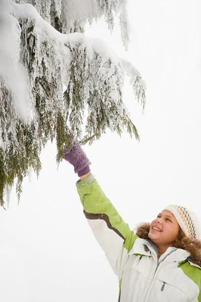 Девочка и снежные ветви — стоковое фото