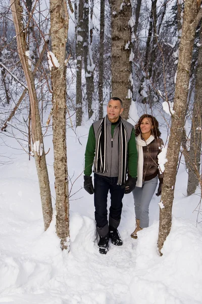 Mature couple walking through snow — Stock Photo, Image