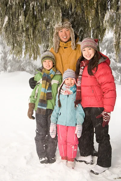 Familj i skogen snö — Stockfoto