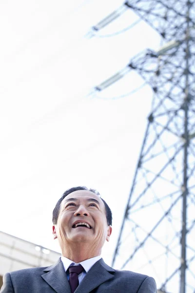 Empresário na Frente de Linhas de Energia — Fotografia de Stock