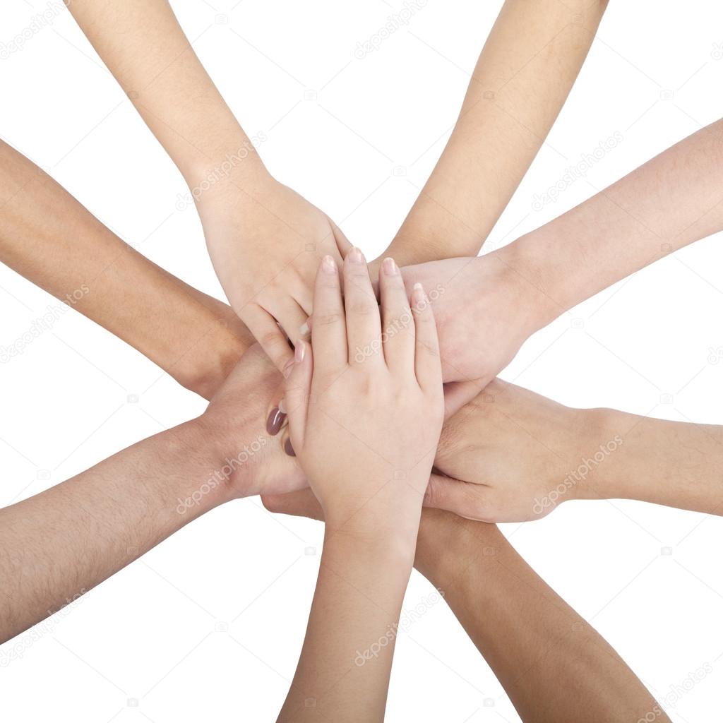 Group of Chinese friends with hands in circle