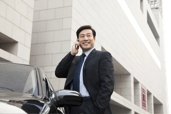 Businessman making phone call beside the car — Stock Photo, Image