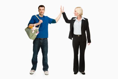 Businesswoman and husband handshakes clipart