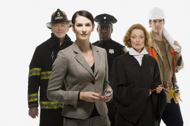 Firefighter, police officer, judge, construction worker and businesswoman clipart