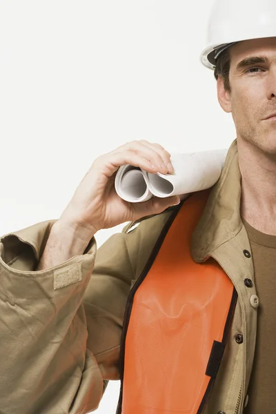 Construction worker with plan — Stock Photo, Image