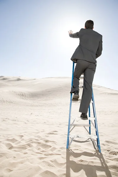 Muž na žebříčku v poušti — Stock fotografie