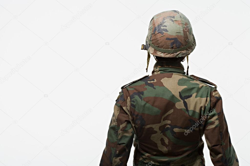 Rear view of soldier in helmet