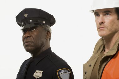 Portrait of a police officer and a construction worker clipart