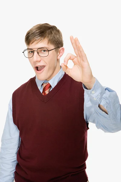 Geek man with ok sign — Stock Photo, Image