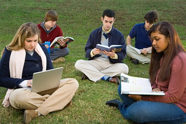 五个学生坐在户外阅读 — 图库照片