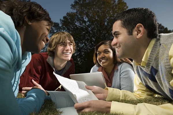 Vier studenten die studeren buiten — Stockfoto