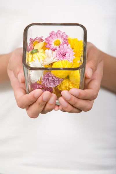 Tigela de flores nas mãos — Fotografia de Stock