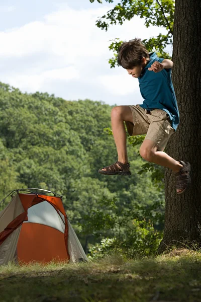 Boy jumping in the forest — Stock Photo, Image