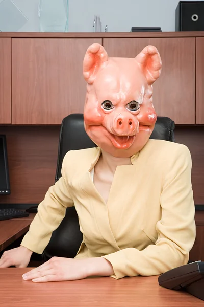 Retrato de mulher de negócios em uma máscara de porco — Fotografia de Stock