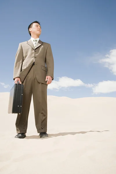 Uomo d'affari in piedi nel deserto caldo — Foto Stock