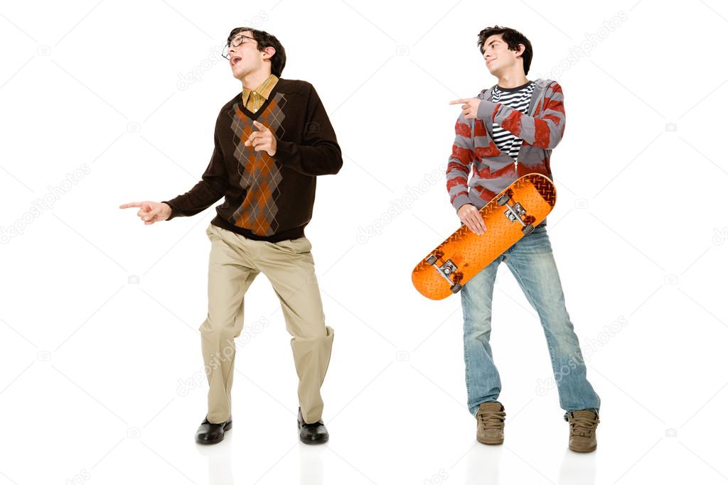 Geek and skater on white background