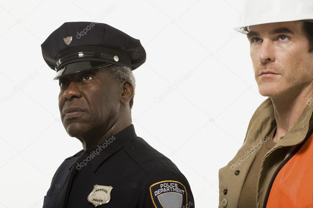 Portrait of a police officer and a construction worker