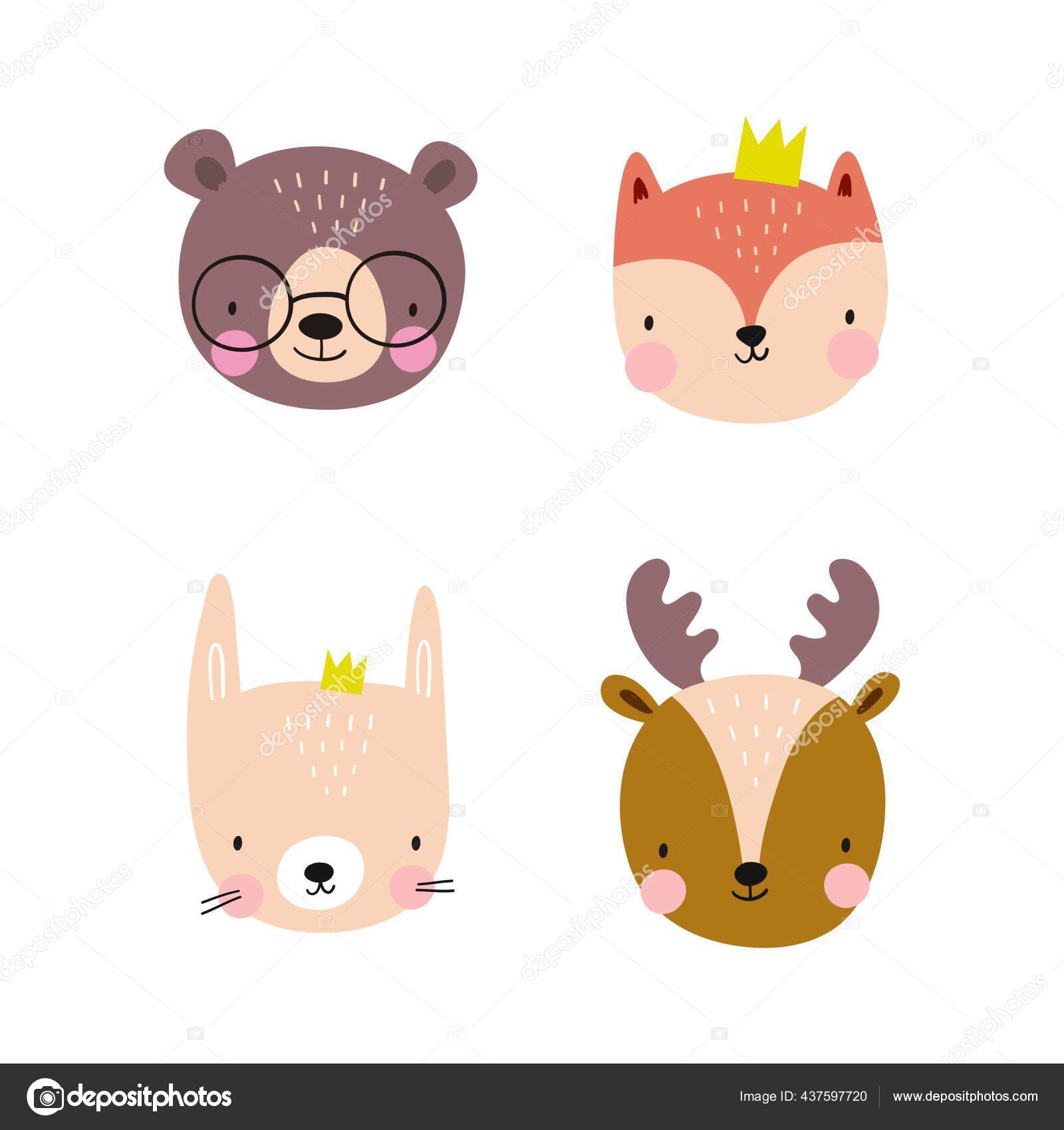Kepala Hewan Kartun Beruang Berkacamata Rubah Dan Kelinci Mahkota Dan Stok Vektor Webmuza 437597720
