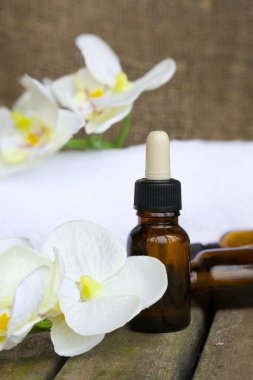 Saf orkide esans damlalıklı şişelerde. Portre