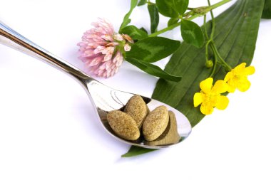 Beyaz bir arka plan üzerinde bitkisel hapları. Portre