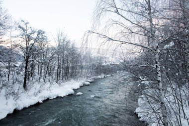 Lienzer Dolomitlerine yakın East Tyrol 'daki Drava Nehri' nin kış manzarası.