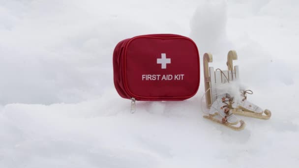 Winter Sport Equipment First Aid Kit Snow Free Space Text — Stock Video
