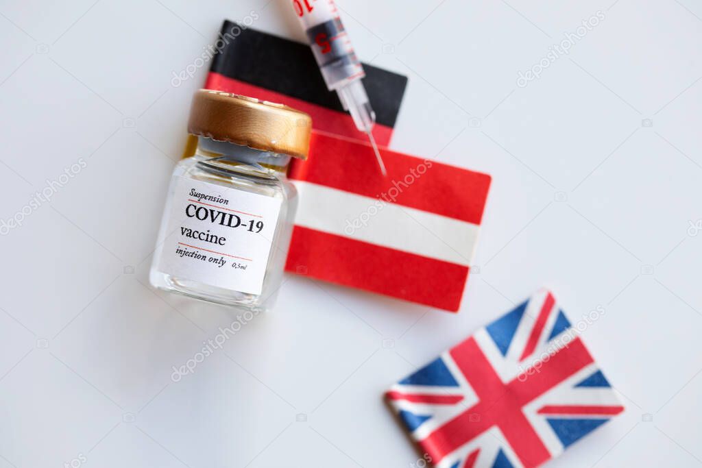 Vial  with COVID-19 vaccine onGerman and Austrian flag. British flag in the background