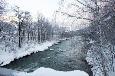 Lienzer Dolomitlerine yakın East Tyrol 'daki Drava Nehri' nin kış manzarası.