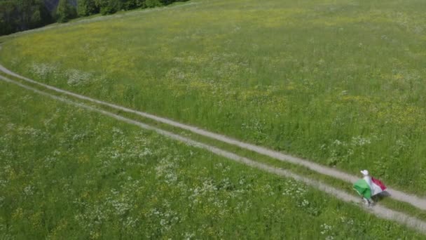 Jongen Van Jaar Loopt Met Italiaanse Vlag Door Het Veld — Stockvideo